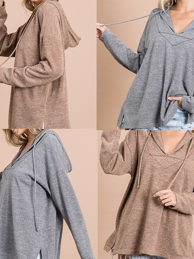  Women's Pullover Hoodie Sweatshirt Solid Color Plain Daily non-printing Casual Hoodies Sweatshirts  Khaki Gray