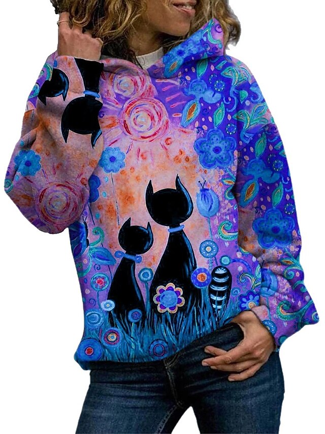  Women's Cat Hoodie Pullover Other Prints Daily Casual Hoodies Sweatshirts  Blue Purple Yellow
