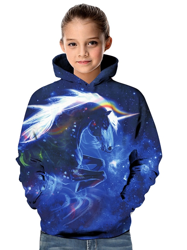  Kids Toddler Girls' Hoodie & Sweatshirt Unicorn Long Sleeve Geometric 3D Animal Print Blue Children Tops Active Basic