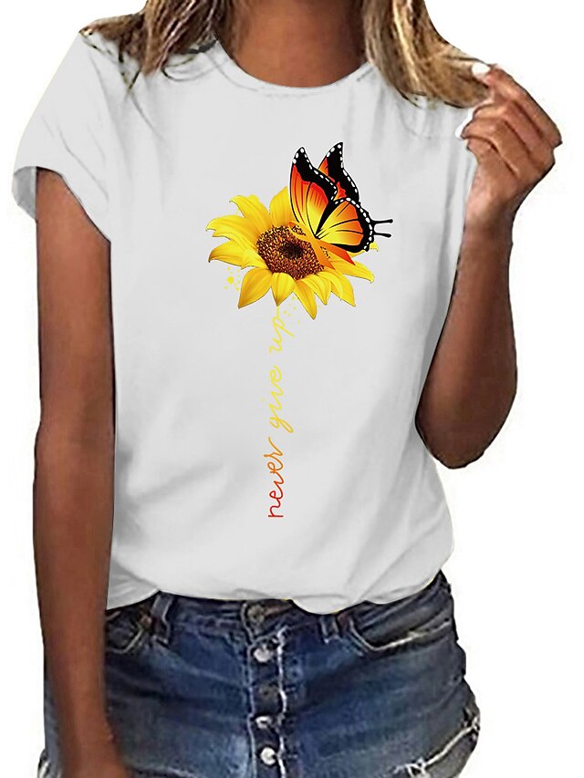  Women's T shirt Floral Butterfly Flower Print Round Neck Tops 100% Cotton Basic Basic Top White / Sunflower