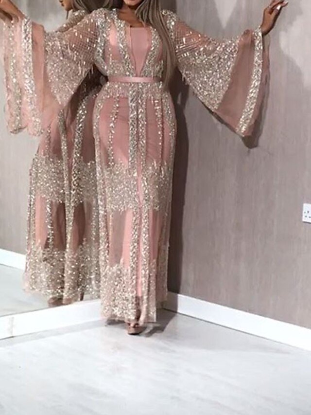  Women's Shift Dress Maxi long Dress Blushing Pink Long Sleeve Solid Color Sequins Mesh Patchwork Fall Round Neck Hot Sexy 2021 S M L XL XXL