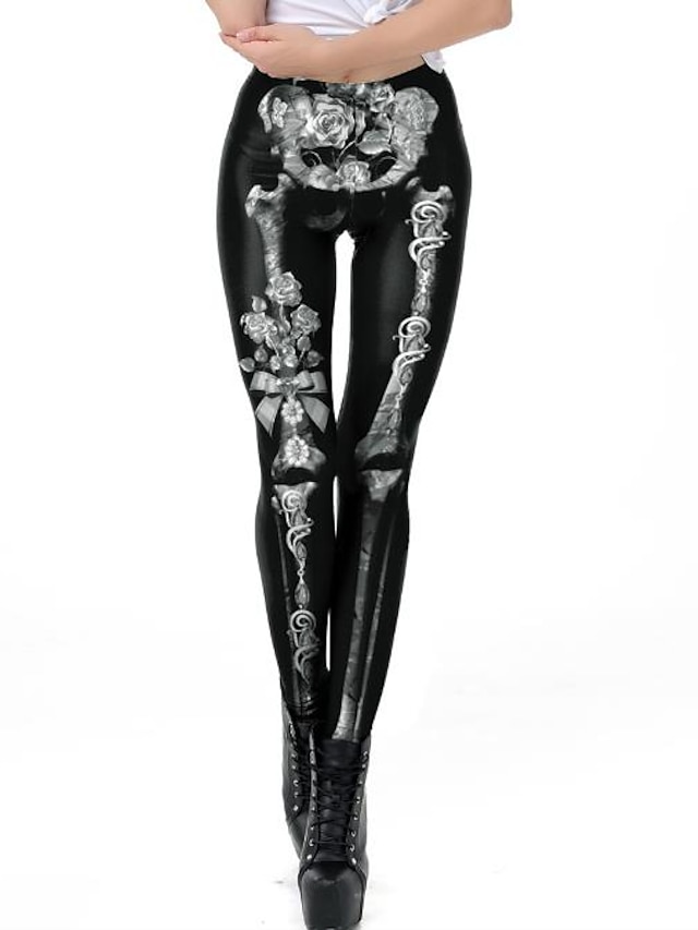  Damen Übertrieben Atmungsaktiv Halloween Leggins Hose 3D Totenkopf Motiv In voller Länge Schwarz