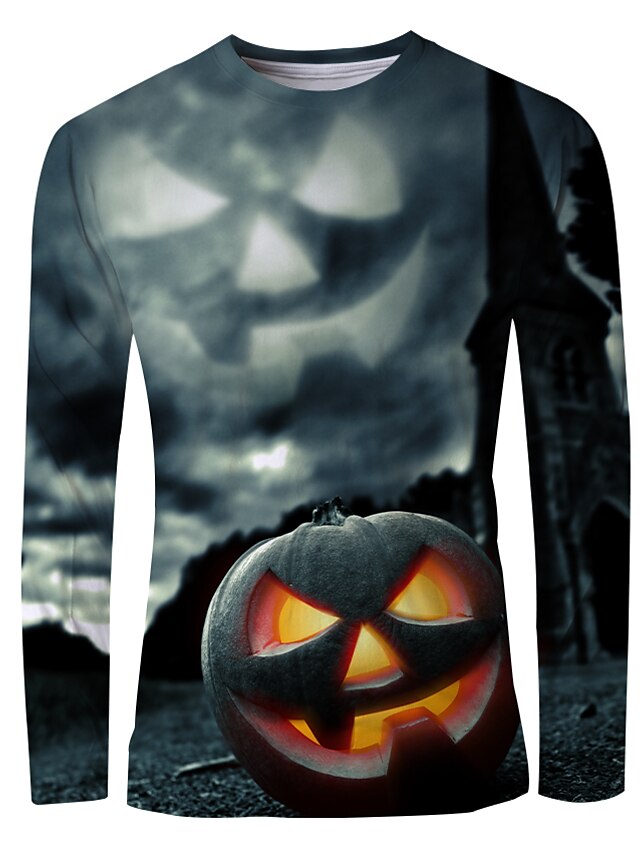  Men's T shirt 3D Print Graphic Long Sleeve Halloween Tops Basic Black