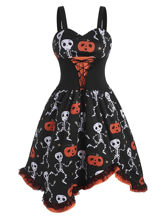  Women's Halloween A Line Dress Knee Length Dress Black Sleeveless Pumpkin Skulls Skeleton Print Lace Patchwork Bow Summer V Neck Hot Vintage 2021 S M L XL XXL 3XL