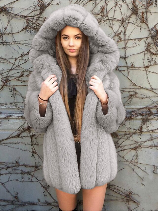  Women's Faux Fur Coat Daily Fall & Winter Regular Coat Loose Basic Jacket Long Sleeve Solid Colored Gray Black