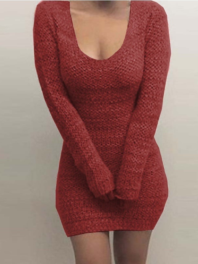  Mujer Vestido de Suéter Mini vestido corto Vino Gris Negro Manga Larga Color sólido Retazos Otoño Primavera Escote Cuadrado caliente Casual Delgado 2021 S M L XL XXL