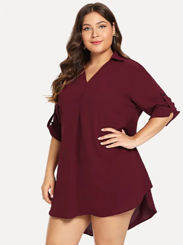  Women's Going out Plus Size Blouse Shirt Solid Colored V Neck Tops Loose Cotton Elegant Basic Top Wine / Work