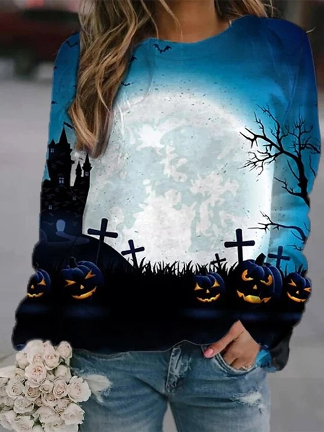  Damen Kürbis MOON Pullover Sweatshirt Andere Drucke Halloween Halloween Kapuzenpullover Sweatshirts Lose Blau Kamel Orange