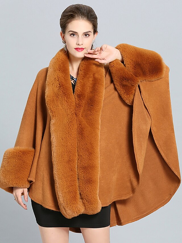  Women's Solid Colored Basic Fall & Winter Cloak / Capes Long Daily Faux Fur Coat Tops Black