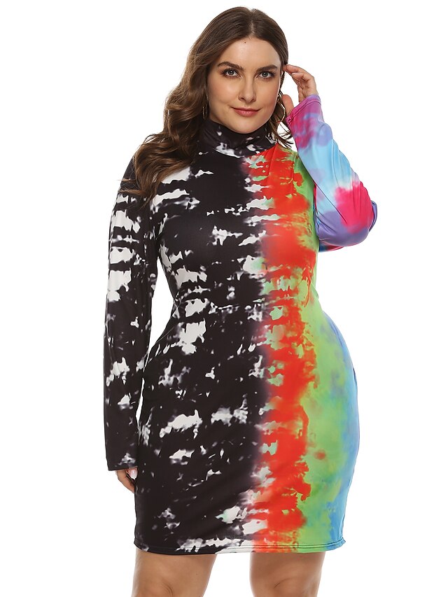  Women's Sheath Dress Knee Length Dress Rainbow Long Sleeve Print Fall 1920s 2021 L XL XXL 3XL 4XL / Plus Size