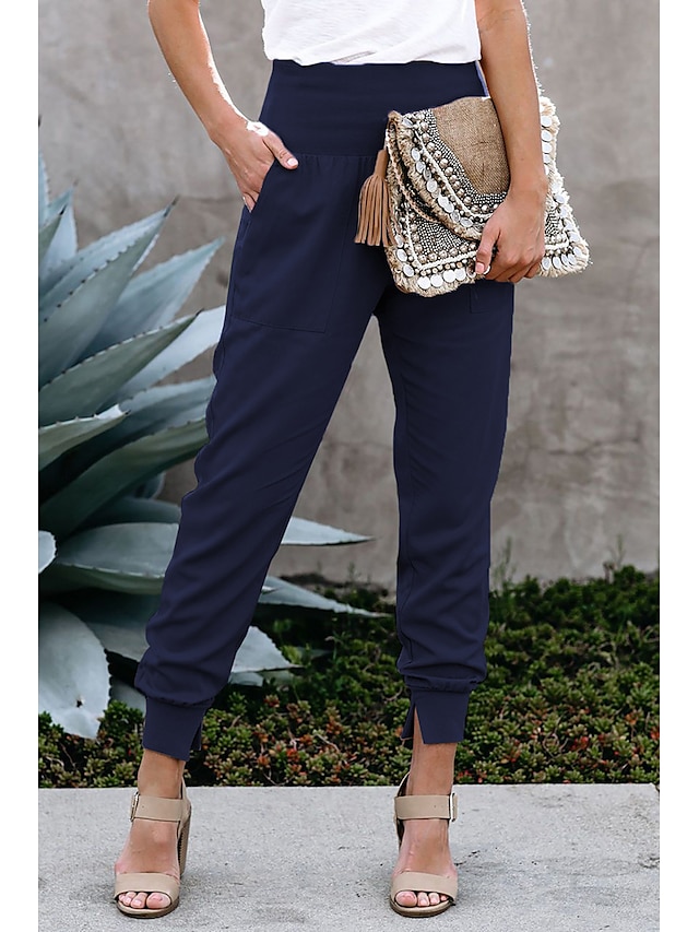  Femme basique Chino Cheville Pantalon Micro-élastique du quotidien Couleur Pleine Taille haute Respirable Mince Bleu Rose Claire Noir Kaki Vert S M L XL