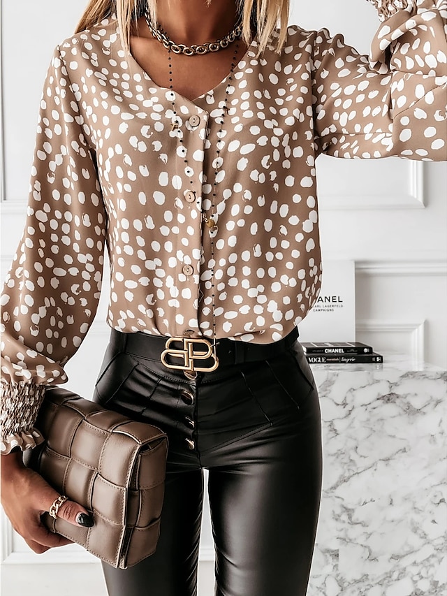  Women's Blouse Shirt Black Khaki Brown Pleated Print Graphic Polka Dot Casual Going out Long Sleeve V Neck Basic Elegant Regular S