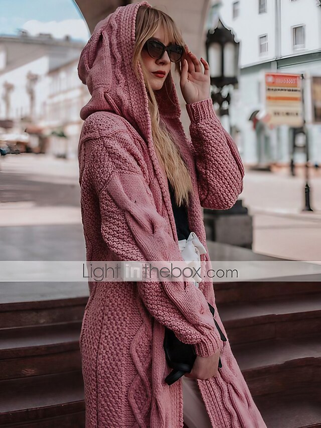  Women's Cardigan Cardigan Sweater Jumper Cable Chunky Knit Knitted Braided Hooded Solid Color Daily Date Stylish Casual Drop Shoulder Fall Winter Black Pink S M L / Long Sleeve / Going out / Loose