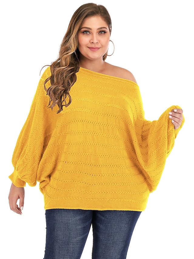  Women's Pullover Plain Solid Color Hollow Out Knitted Acrylic Fibers Basic Plus Size Long Sleeve Sweater Cardigans Fall Off Shoulder Yellow Green White