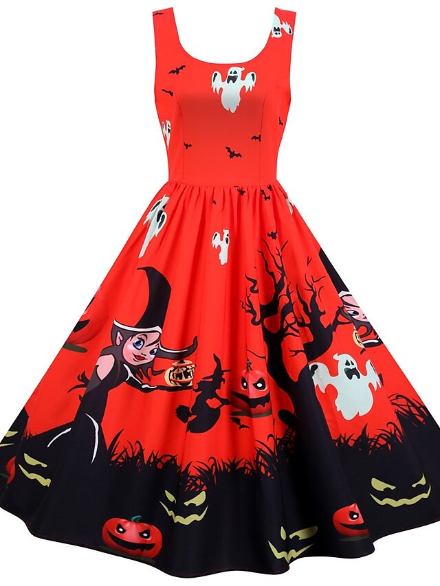  Damen Halloween A Linie Kleid Knielanges Kleid Weiß Purpur Rosa Orange Ärmellos Kürbis Fledermaus Totenkopf Motiv Bedruckt Patchwork Bedruckt Frühling Sommer Rundhalsausschnitt Sexy Vintage Schlank