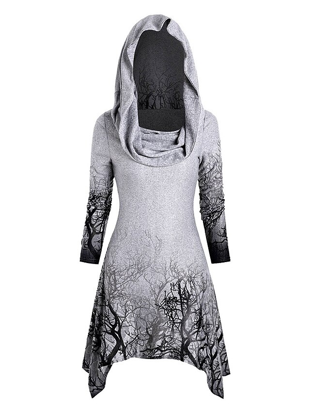  Damen Halloween T-Shirt Kleid Tunika Grafik-Drucke Langarm Asymmetrisch Druck Schulterfrei Halloween Oberteile Weiß Schwarz Purpur