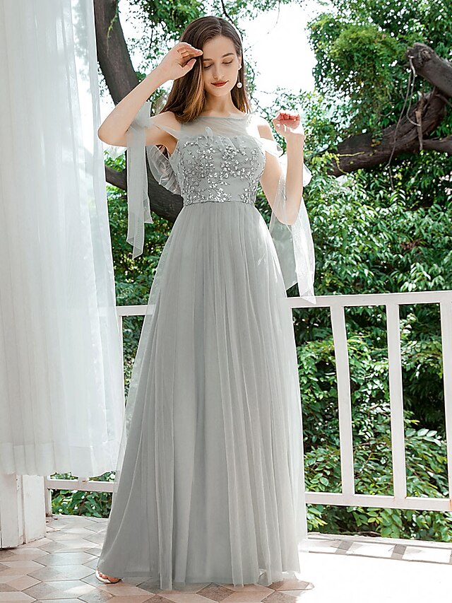  Women's A Line Dress Maxi long Dress Light gray Sleeveless Solid Color Sequins Fall Spring Round Neck Elegant Formal Party Slim 2021 S M L XL XXL