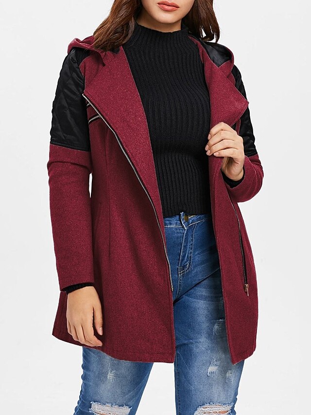  Women's Trench Coat Daily Fall & Winter Long Coat Regular Fit Basic Jacket Long Sleeve Solid Colored Wine Light gray / Cotton