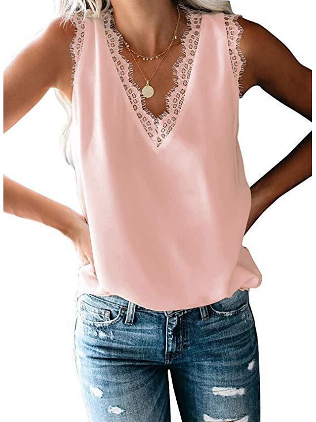  Women's Blouse Tank Top Solid Colored Cut Out V Neck Basic Tops White Blushing Pink Army Green