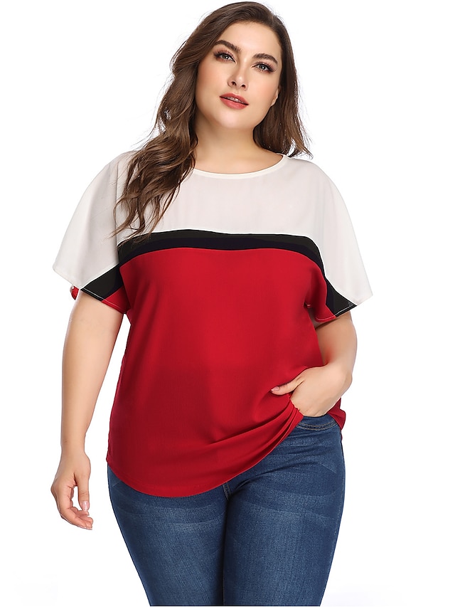  Women's Blouse Shirt Tie Dye Print Round Neck Basic Tops Red