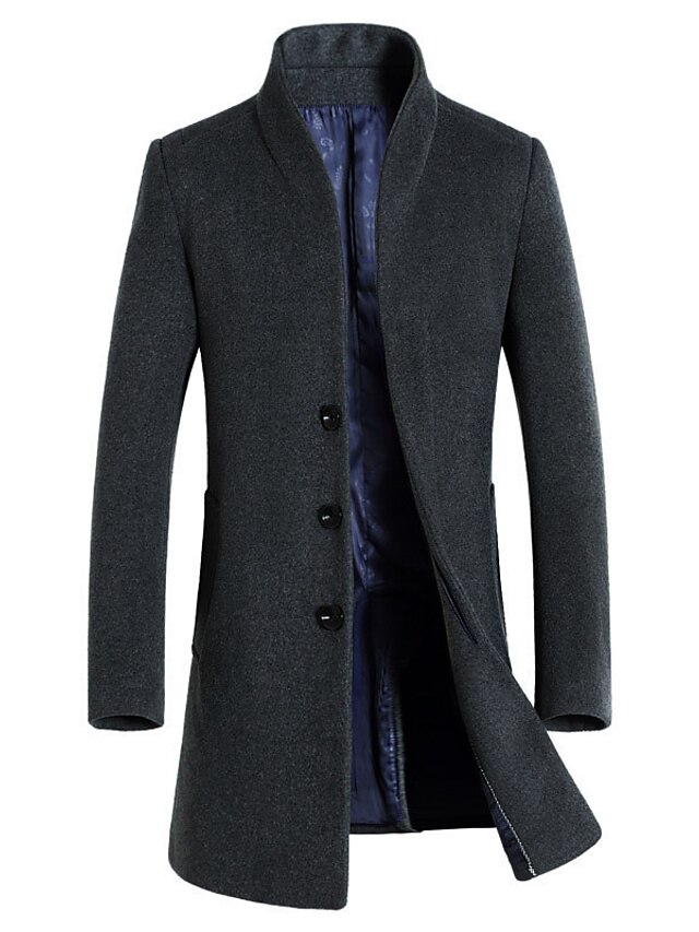  Men's Coat Long Asian Size Coat Black Wine Khaki Dark Gray Navy Blue Daily Basic Essential Single Breasted Fall & Winter Stand Collar Regular Fit L XL XXL 3XL 4XL 5XL / Wool / Long Sleeve