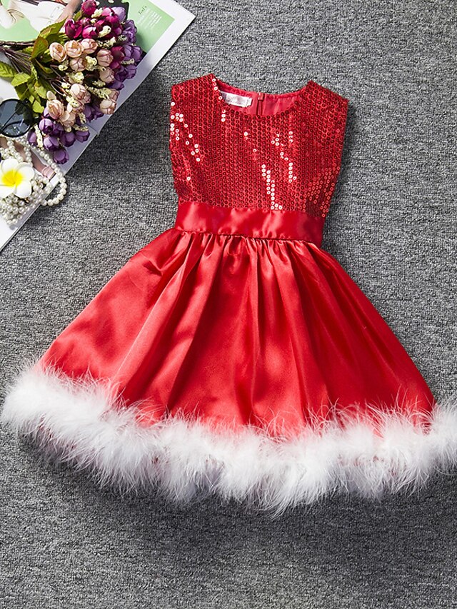  Kids Little Girls' Dress Solid Colored Pleated Lace Red Knee-length Sleeveless Cute Dresses Christmas