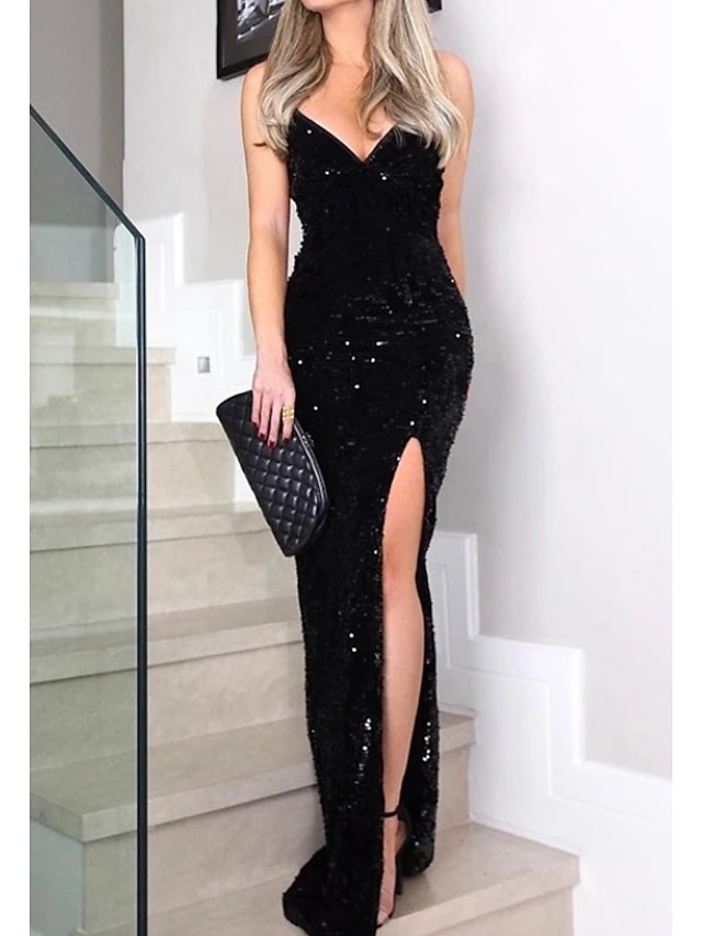  Women's Sheath Dress Maxi long Dress Black Sleeveless Solid Color Split Print Fall V Neck Hot Elegant 2021 S M L XL