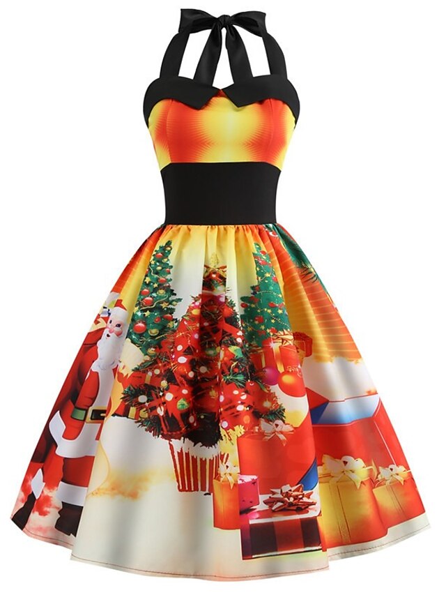 Women's A Line Dress Knee Length Dress Blue Yellow Orange Black Red Light Blue Sleeveless Print Print Fall Halter Neck Elegant Christmas Slim 2021 S M L XL XXL