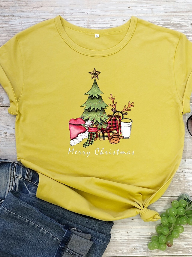  Mulheres Camiseta Amarelo Vinho Vermelho Gráfico Letra Imprimir Manga Curta Natal Diário Básico Natal Decote Redondo 100% Algodão