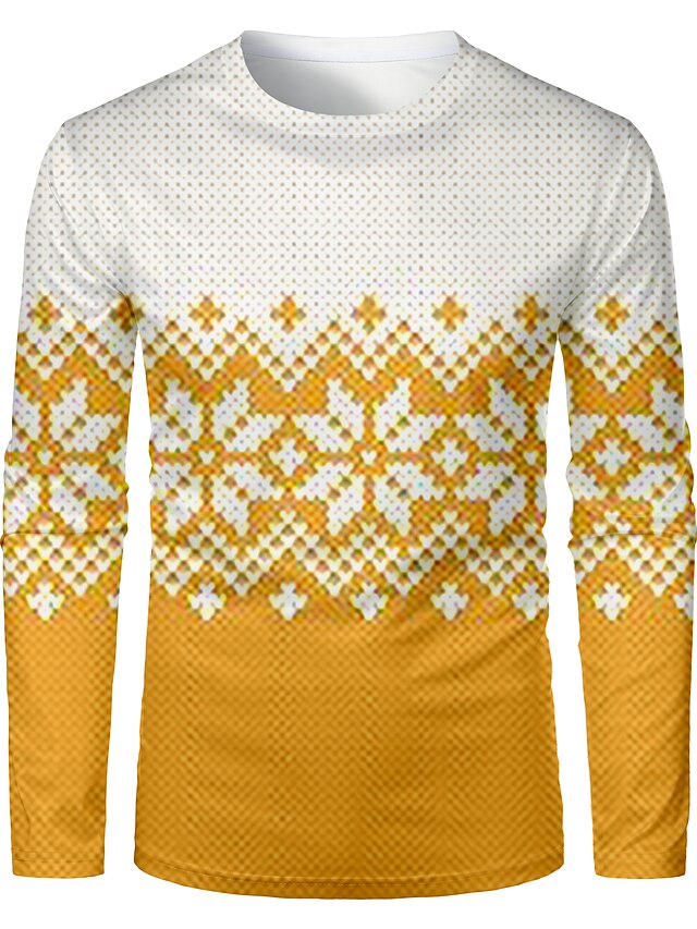  t-shirt pour hommes impression 3d graphique bloc de couleurs 3d hauts à manches longues basique col rond jaune