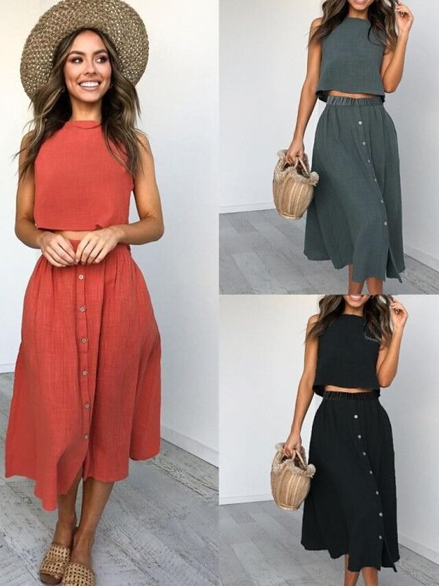  Women's Basic Solid Color Two Piece Set Tank Skirt Patchwork Tops