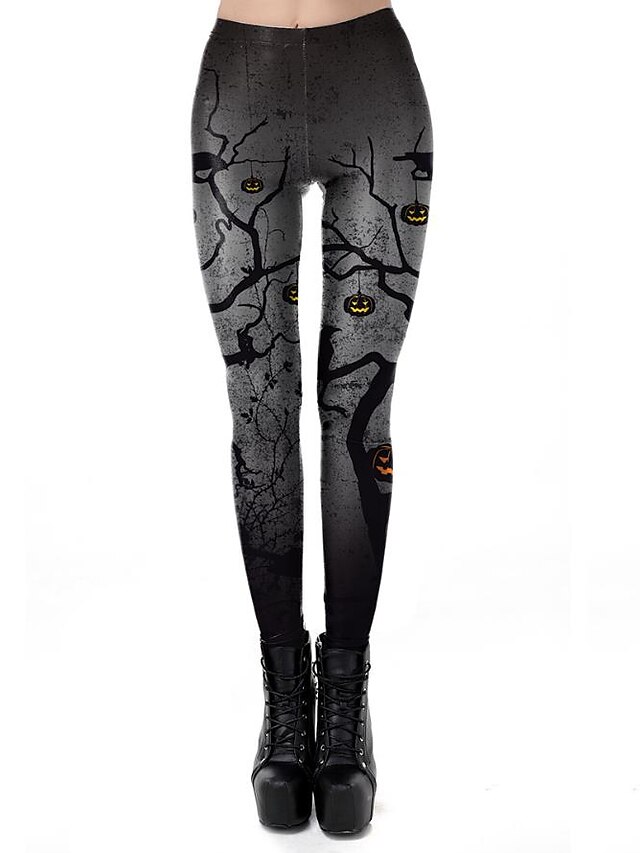 Women's Exaggerated Breathable Leggings Slim Halloween Pants Plants Ankle-Length Print High Waist Black