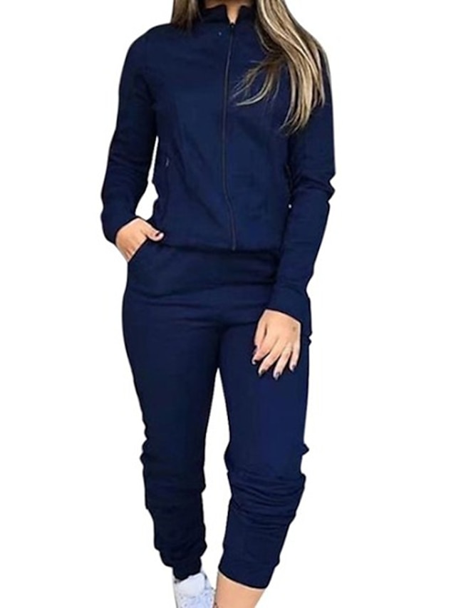  Women's Basic Solid Color Two Piece Set Stand Collar Pant Loungewear Jogger Pants Hoodie Tracksuit Pants Sets Tops