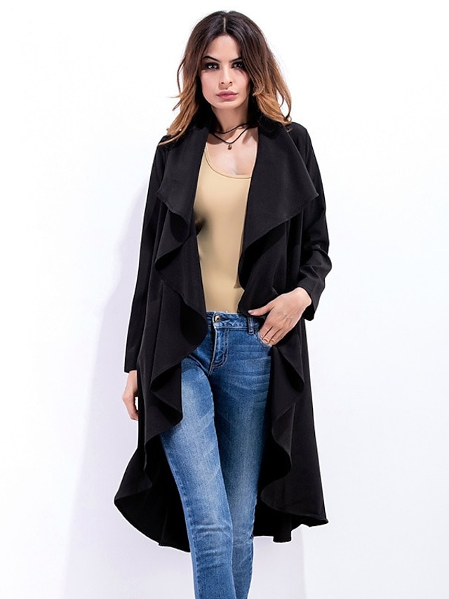  Women's Solid Colored Basic Fall & Winter Trench Coat Long Daily Long Sleeve Coat Tops Black