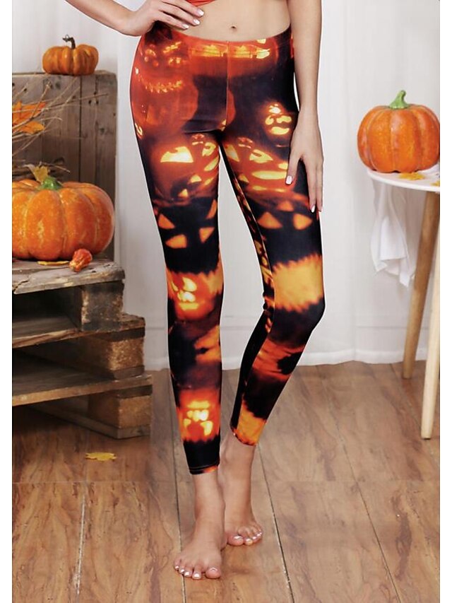  Women's Exaggerated Breathable Halloween Leggings Pants Plants Full Length Print Black