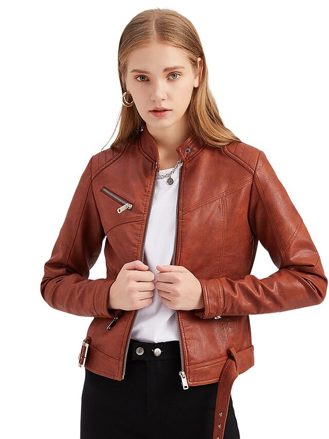  Women's Faux Leather Jacket Fall Daily Short Coat Stand Collar Regular Fit Basic Jacket Long Sleeve Rivet Solid Colored Blushing Pink Dark Gray Brown