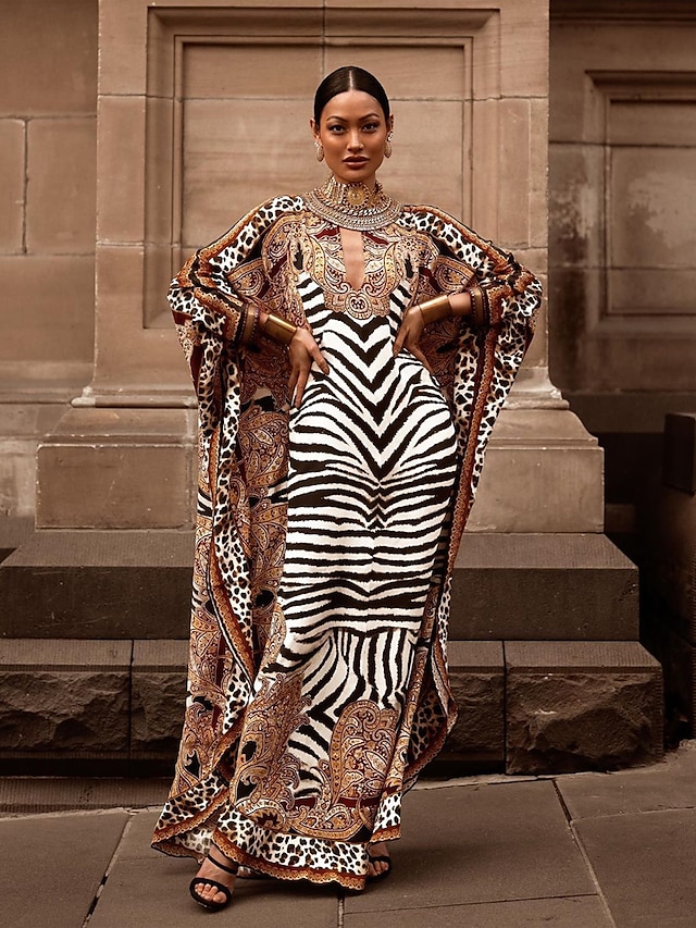  Dame Kappe Kjole Maxi lang kjole Brun Langærmet Stribet Leopard Trykt mønster Efterår Elegant 2021 En Størrelse