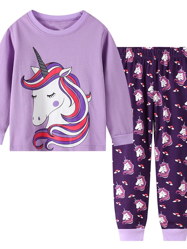 2 Piezas Niños Chica Pijama Unicornio Estampado Básico Morado