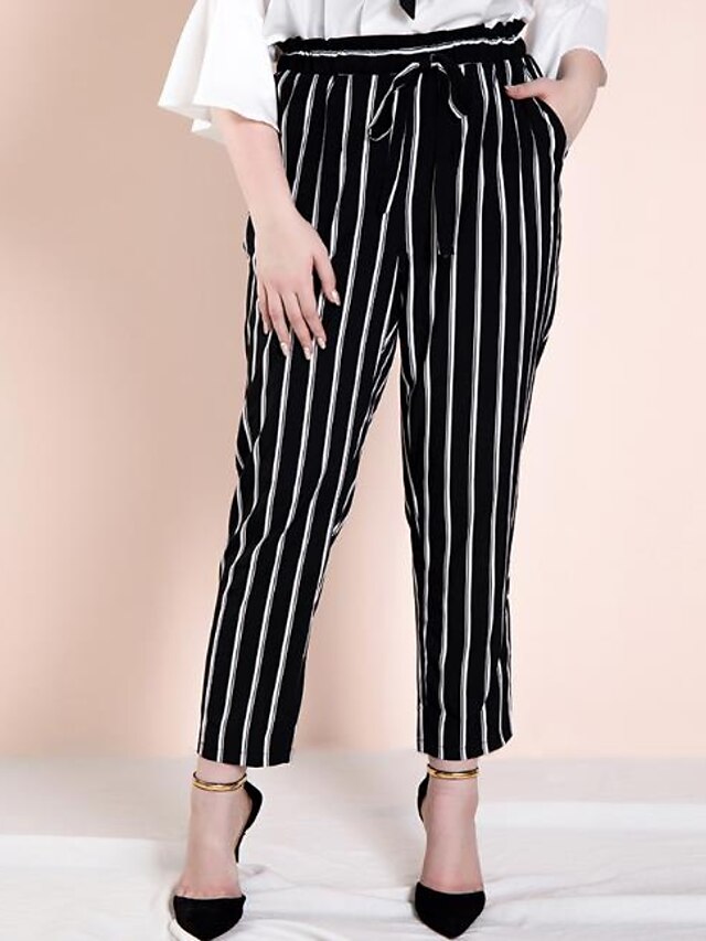  Women's Basic Breathable Daily Chinos Pants Striped Full Length Black