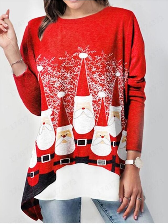  Women's Plus Size Tunic Graphic Prints Snowflake Santa Claus Print Round Neck Elegant Tops Loose Red