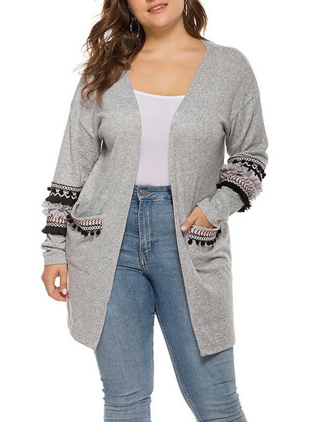  Women's Basic Flounced Front Pocket Solid Color Cardigan Long Sleeve Sweater Cardigans Open Front Fall Winter Black Blushing Pink Light gray