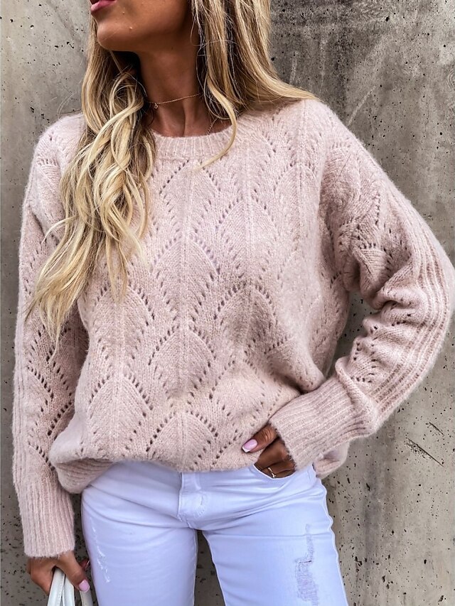  Women's Pullover Plain Solid Color Knitted Stylish Long Sleeve Regular Fit Sweater Cardigans Fall Winter Crew Neck Round Neck Blushing Pink White