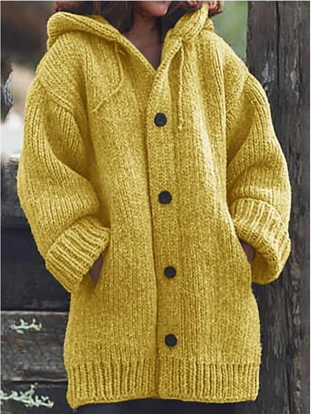  Women's Cardigan Solid Colored Solid Color Knitted Button Cotton Basic Casual Keep Warm Long Sleeve Regular Fit Loose Sweater Cardigans Fall Winter Fall & Winter Hooded Yellow / Daily / Coat