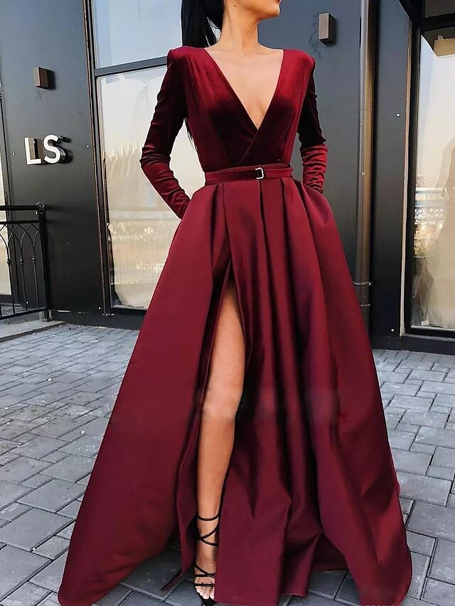  kvinners festkjole fløyelskjole rød lang kjole maxi kjole vin langermet ren farge rynket plissert delt vinter høst v-halsfest hot elegant høstkjole vinterkjole