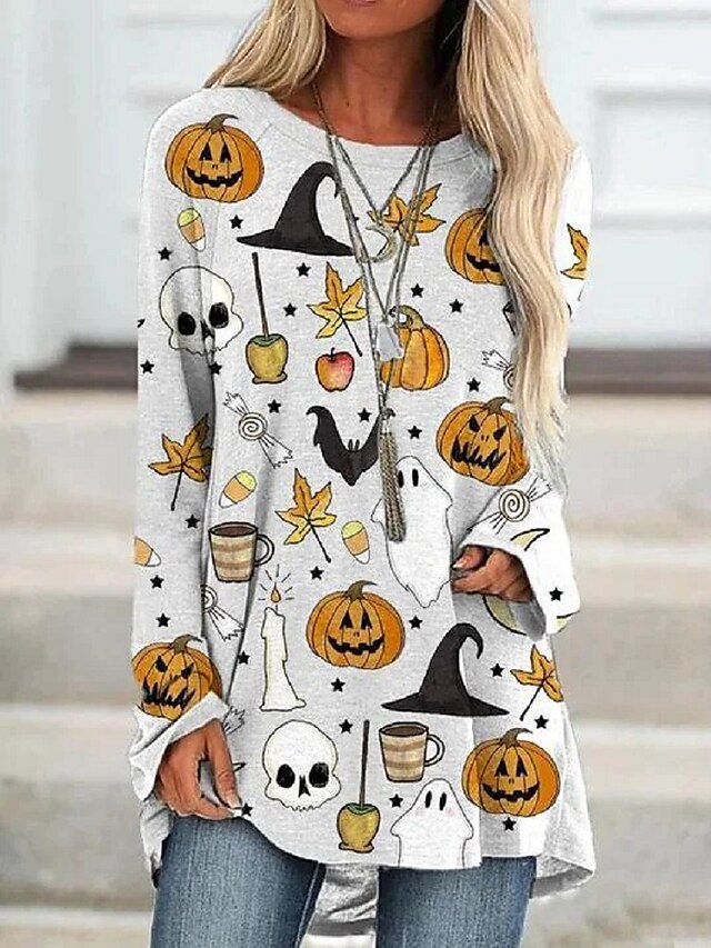  Dame T skjorte Hvit Grafisk Grafiske trykk Trykt mønster Langermet Halloween Daglig Grunnleggende Halloween Rund hals Lang Løstsittende