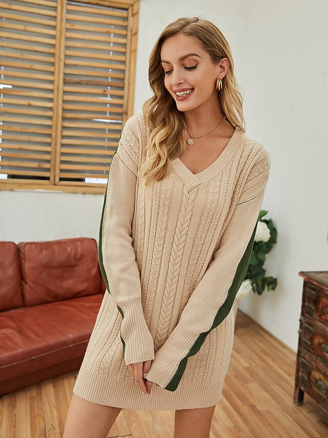  Damen Pullover Pullover Kleid Minikleid Beige Langarm Einfarbig Strick Herbst Winter V-Ausschnitt Freizeit Lose 2021 S M L XL