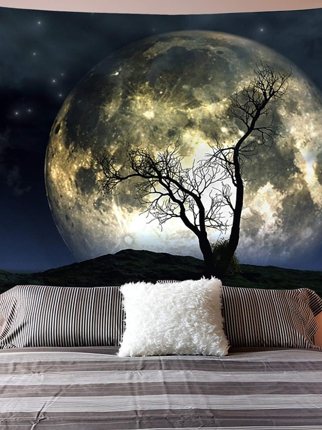  Tapeçaria de parede arte decoração cobertor cortina toalha de mesa de piquenique pendurado casa quarto sala estar dormitório decoração poliéster árvore lua céu vistas