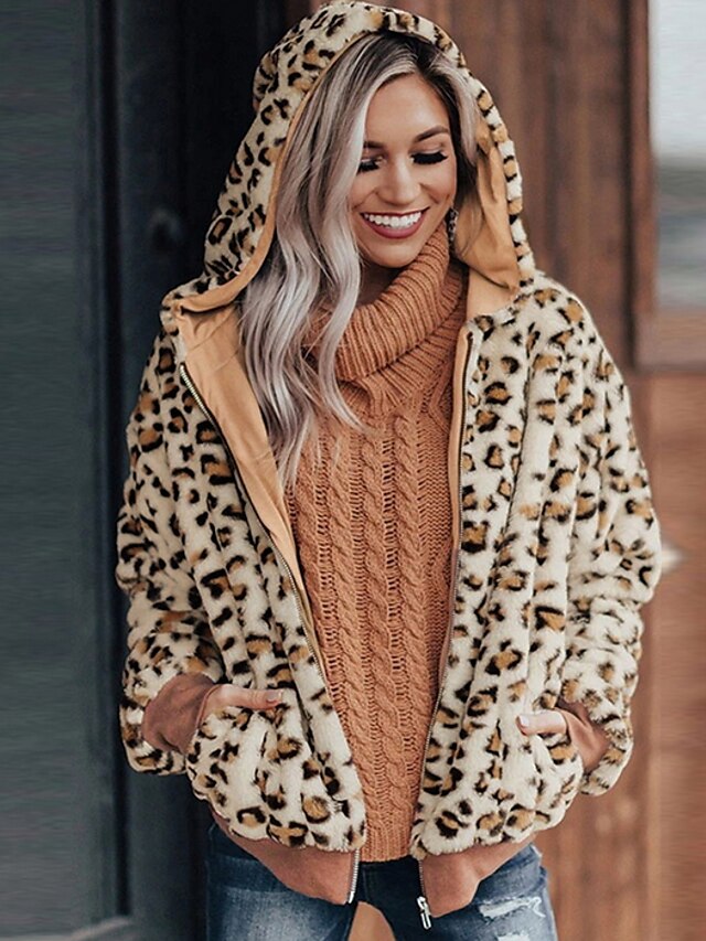  Women's Faux Fur Coat Leopard Basic Fall & Winter Regular Coat Daily Long Sleeve Jacket Khaki