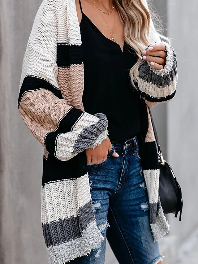  Women's Knitted Color Block Cardigan Long Sleeve Plus Size Sweater Cardigans Hooded Fall Winter Gray
