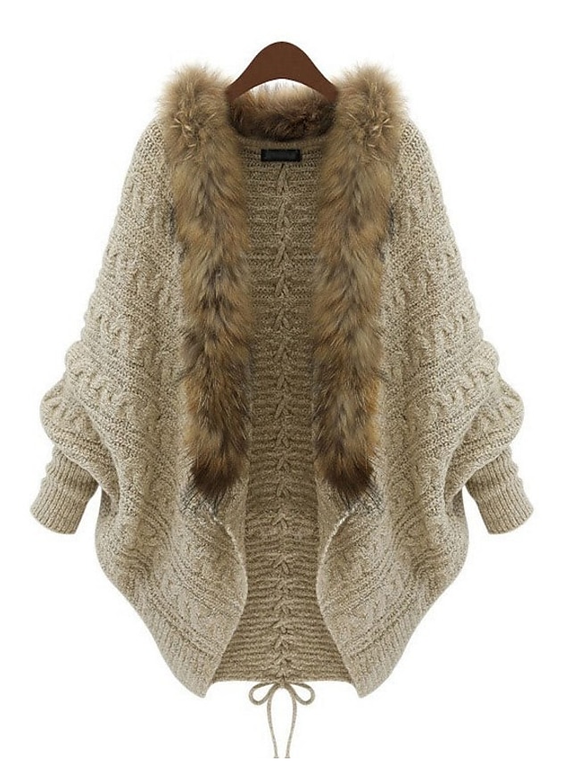  Basic Women's Solid Color Plain Knitted Acrylic Fibers Cardigan Long Sleeve Sweater Cardigans Fall Winter V Neck Beige